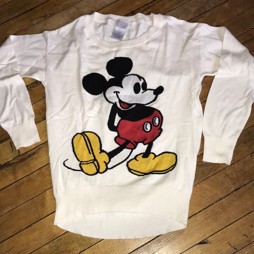 Disney White Crewneck Sweater with Mickey Mouse‎ Graphic (Red, Yellow, Black)